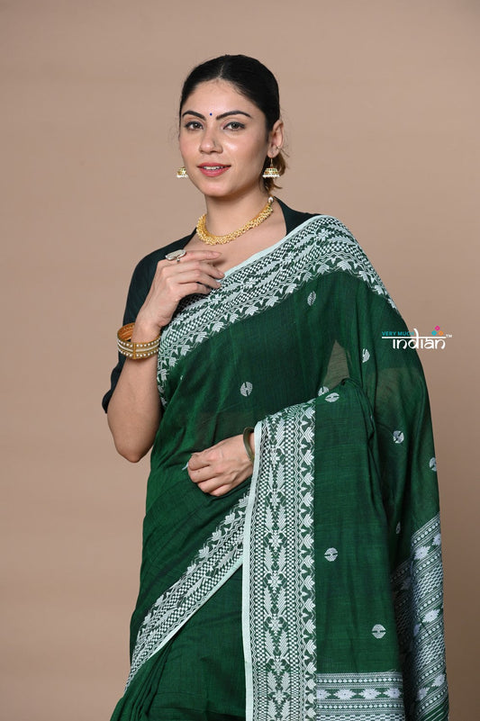 Very Much Indian Rajsi - Handloom Pure Cotton Saree with Hand-embroidered Symmetric Border - Green | Swadesiicart