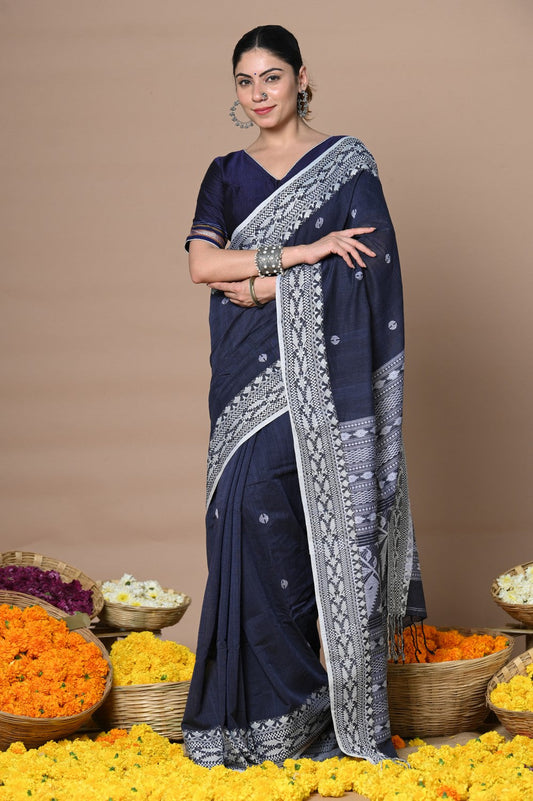 Very Much Indian Rajsi - Handloom Pure Cotton Saree with Hand-embroidered Symmetric Border - Dark Blue | Swadesiicart