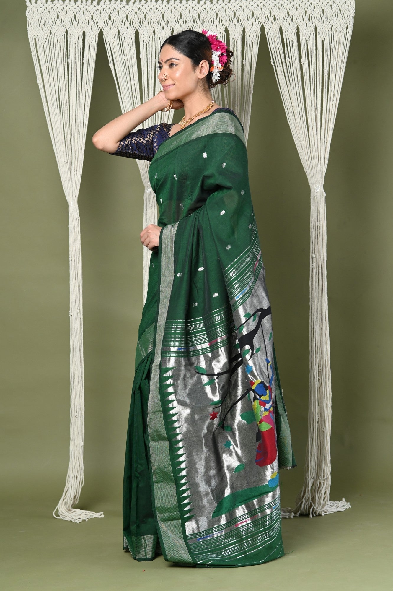 Very Much Indian EXCLUSIVE! Silver Zari Handloom High Quality Pure Cotton Paithani Radha Krishna Pallu | Swadesiicart