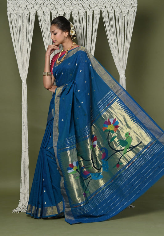 Very Much Indian EXCLUSIVE! Handloom Pure Cotton Paithani With Peacock Pallu - Teal Blue | Swadesiicart