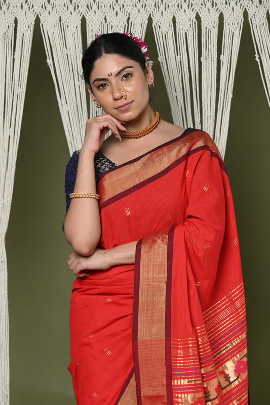 Very Much Indian EXCLUSIVE! Handloom Pure Cotton Paithani With Asawali Pallu - Bright Red | Swadesiicart