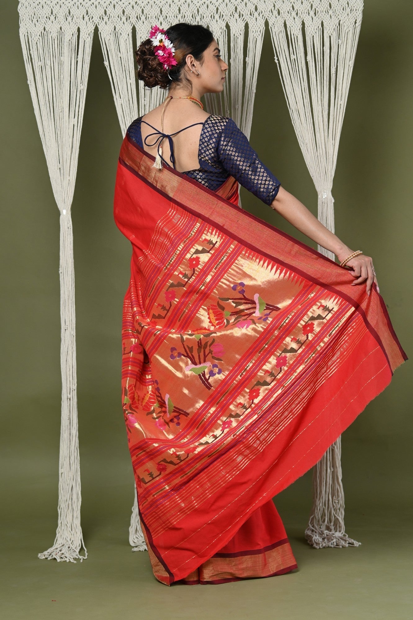 Very Much Indian EXCLUSIVE! Handloom Pure Cotton Paithani With Asawali Pallu - Bright Red | Swadesiicart