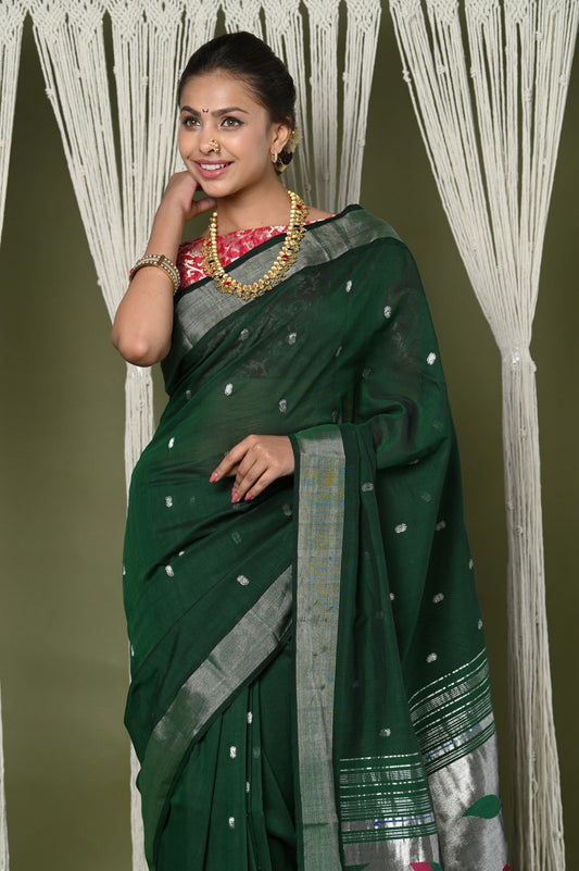 Very Much Indian EXCLUSIVE! Silver Zari Handloom Pure Cotton Paithani With Parrot Pallu - Forest Green | Swadesiicart