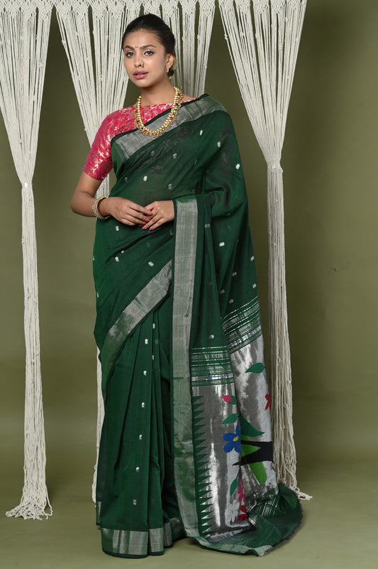 Very Much Indian EXCLUSIVE! Silver Zari Handloom Pure Cotton Paithani With Parrot Pallu - Forest Green | Swadesiicart