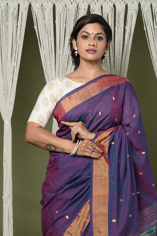 Very Much Indian EXCLUSIVE! Handloom Pure Cotton Paithani With Lotus Pallu - Dark Violet | Swadesiicart