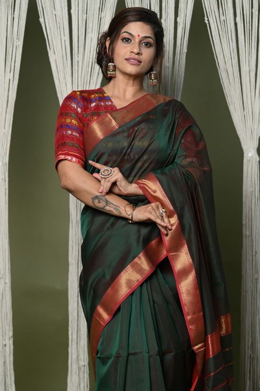 Very Much Indian Handloom Cotton Silk Saree With Sleek Golden Border - dark green | Swadesiicart