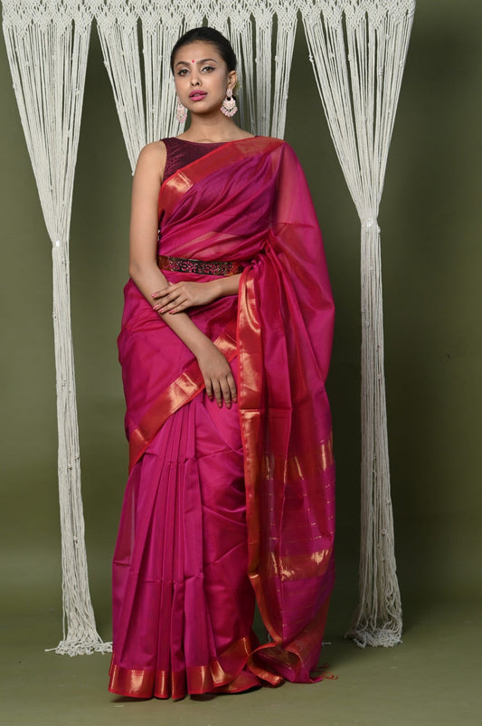 Very Much Indian Handloom Cotton Silk Saree With Sleek Golden Border - Red | Swadesiicart