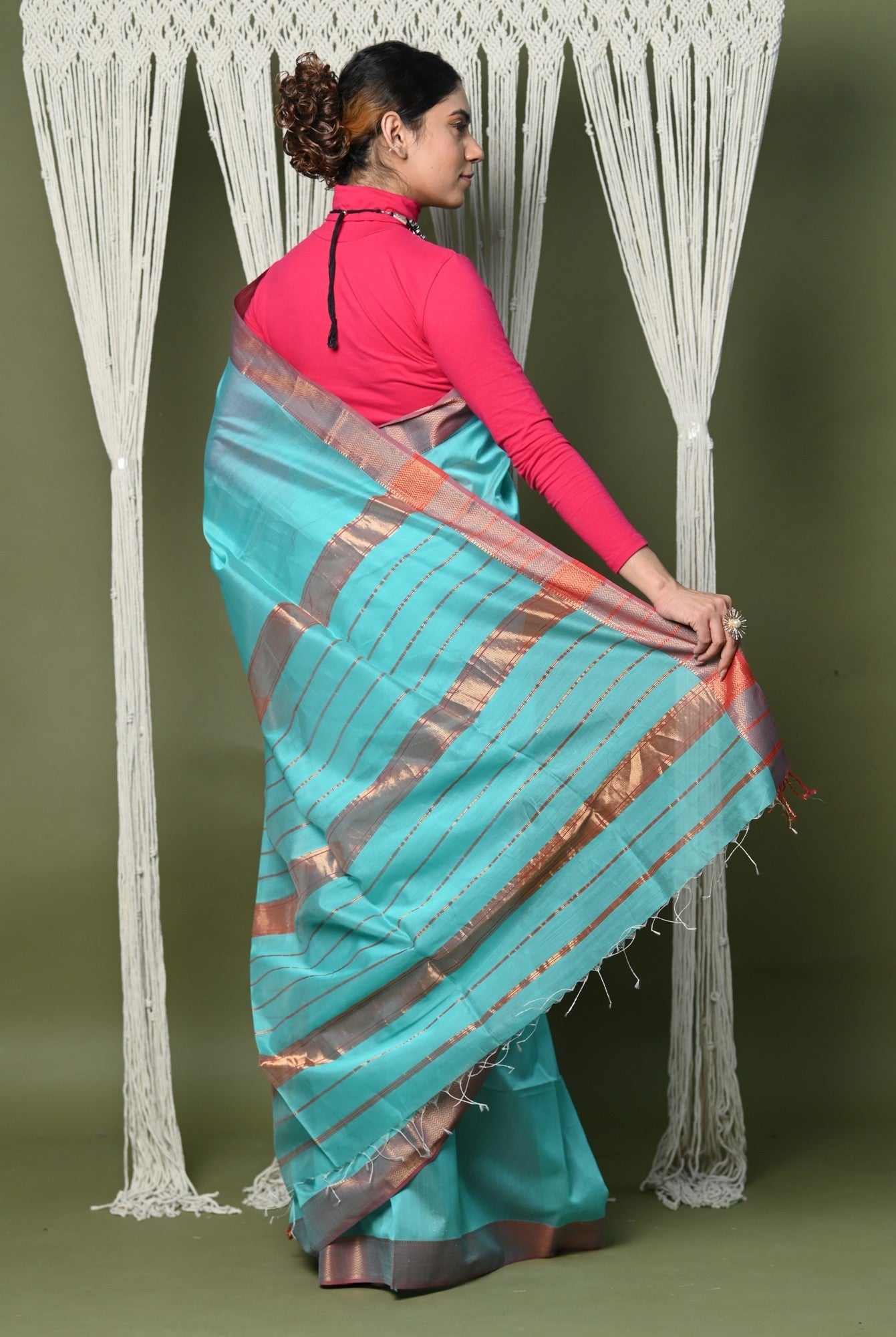 Very Much Indian Handloom Cotton Silk Saree With Sleek Golden Border - sky blue | Swadesiicart