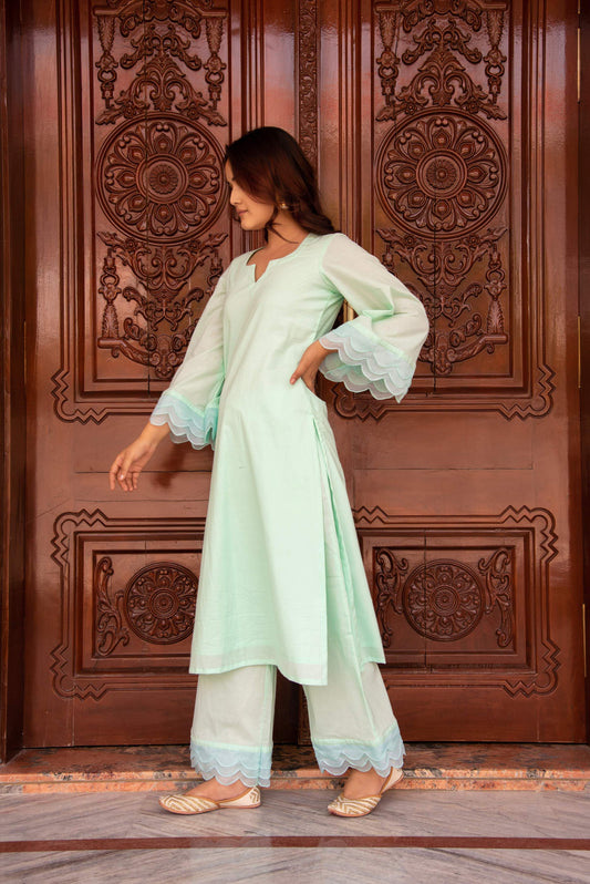 Pomcha Jaipur Kapas Pastel Green Co-Ord Set - Swadesiicart