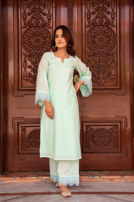 Pomcha Jaipur Kapas Pastel Green Co-Ord Set - Swadesiicart