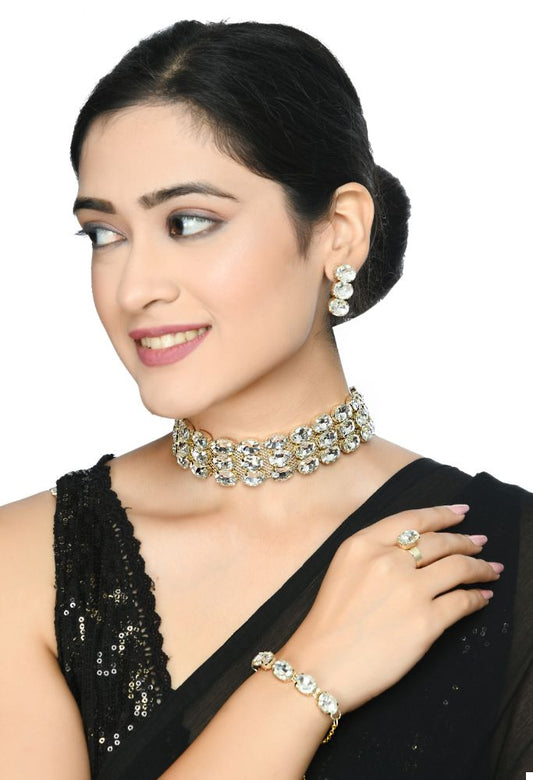 Mominos Fashion Johar Kamal Gold-Polished Finish Stone Choker For Women (White) | Swadesiicart