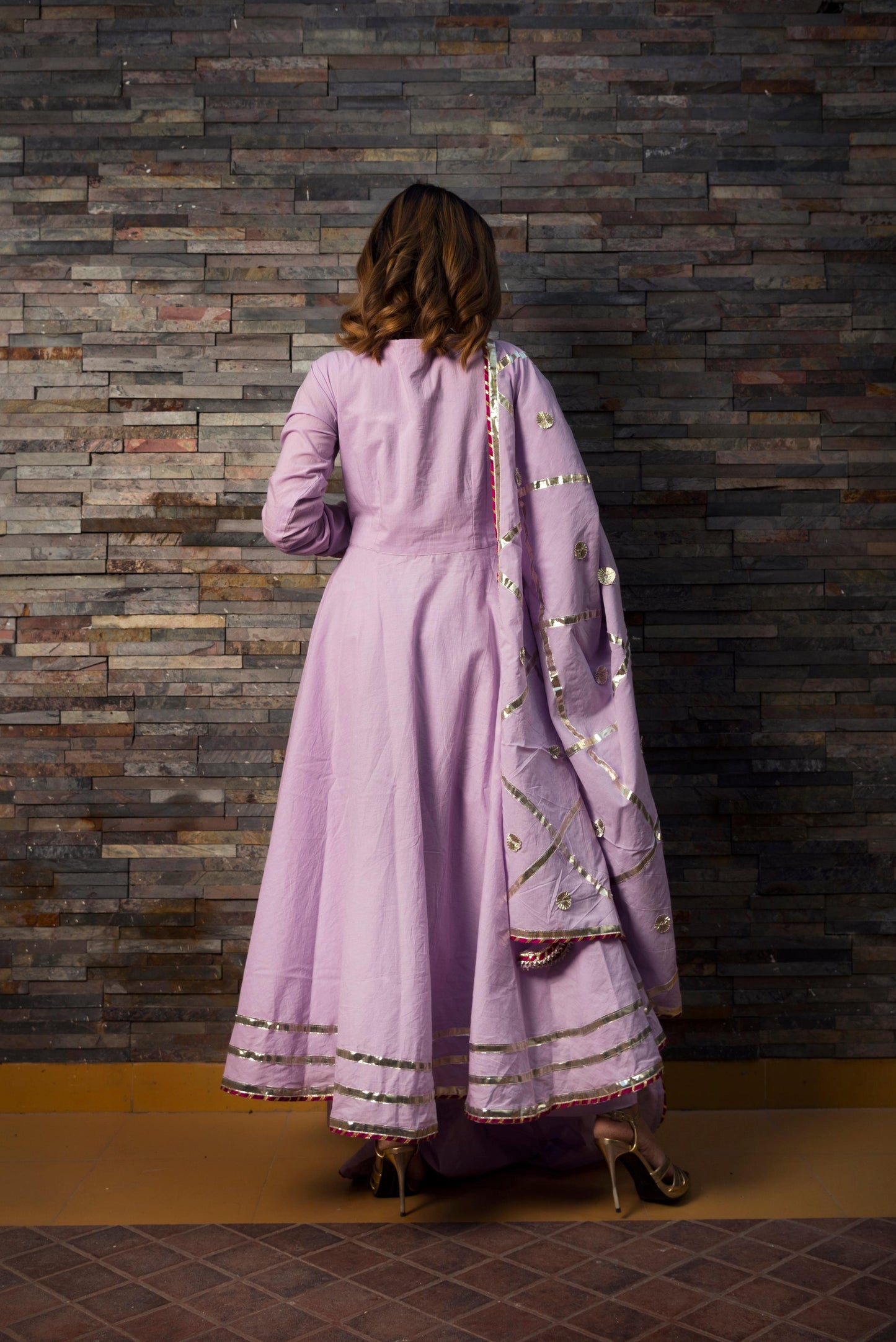Pomcha Sweet Pea Lavender Pure Cotton Anarkali Set | Swadesiicart