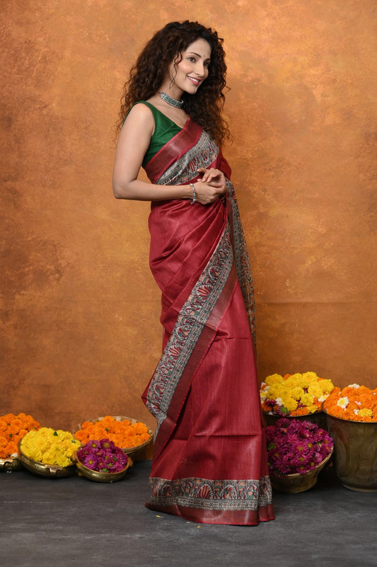 Very Much Indian Designed By VMI - Handloom Pure Tussar Silk Saree With Beautiful Madhubani Print - Red | Swadesiicart