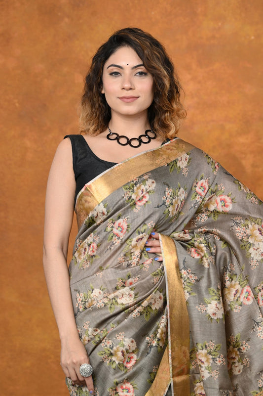 Very Much Indian Designed By VMI - Handloom Moonga Tussar Silk Saree With Digital Floral Print | Swadesiicart