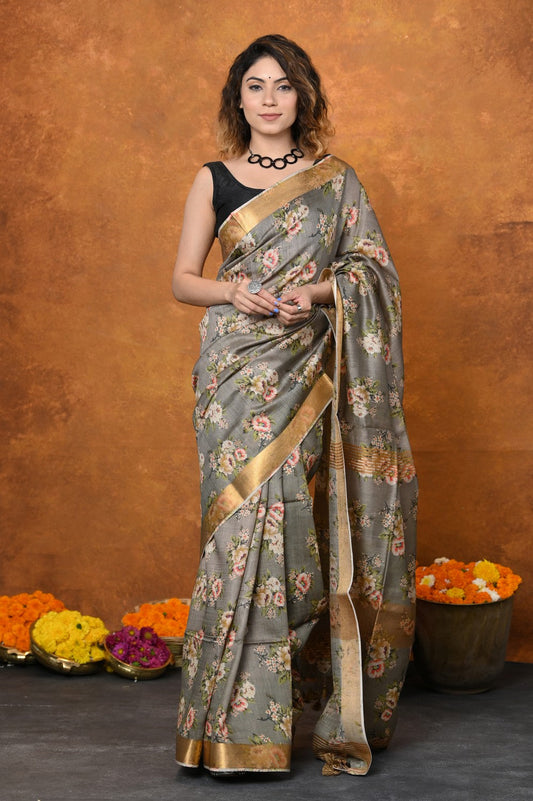 Very Much Indian Designed By VMI - Handloom Moonga Tussar Silk Saree With Digital Floral Print | Swadesiicart