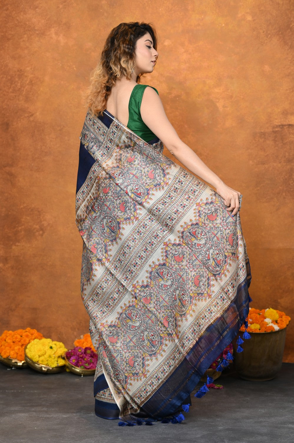 Very Much Indian Designed By VMI - Handloom Pure Tussar Silk Saree With Beautiful Madhubani Print - Blue | Swadesiicart