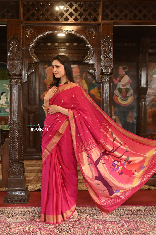 Very Much Indian Authentic Handloom Pure Cotton Paithani with Traditional Radha Krishna Pallu - Red Delight | Swadesiicart