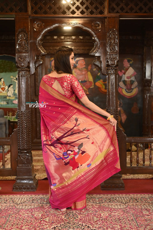 Very Much Indian Authentic Handloom Pure Cotton Paithani with Traditional Radha Krishna Pallu - Red Delight | Swadesiicart