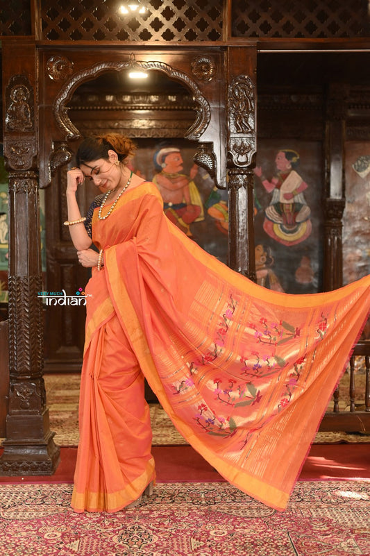 Very Much Indian Authentic Handloom Pure Cotton Paithani with Handcrafted Asawali Pallu - Orange Shade | Swadesiicart