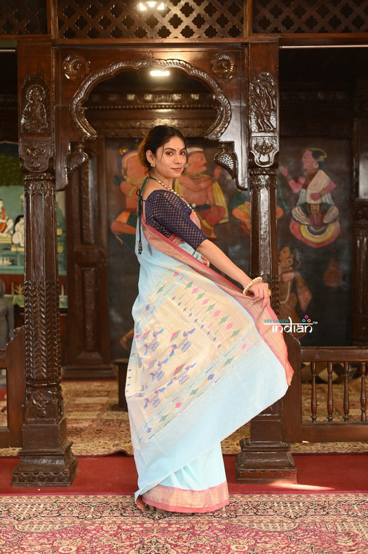 Very Much Indian Authentic Handloom Pure Cotton Paithani with Handcrafted Double Pallu - Powder Blue and Red Border | Swadesiicart