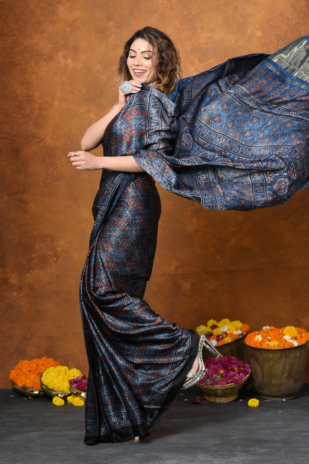 Very Much Indian Handloom Modal Silk Saree With Ajrakh Handblock Print With Eco-Friendly Vegetable Dye - Blue | Swadesiicart