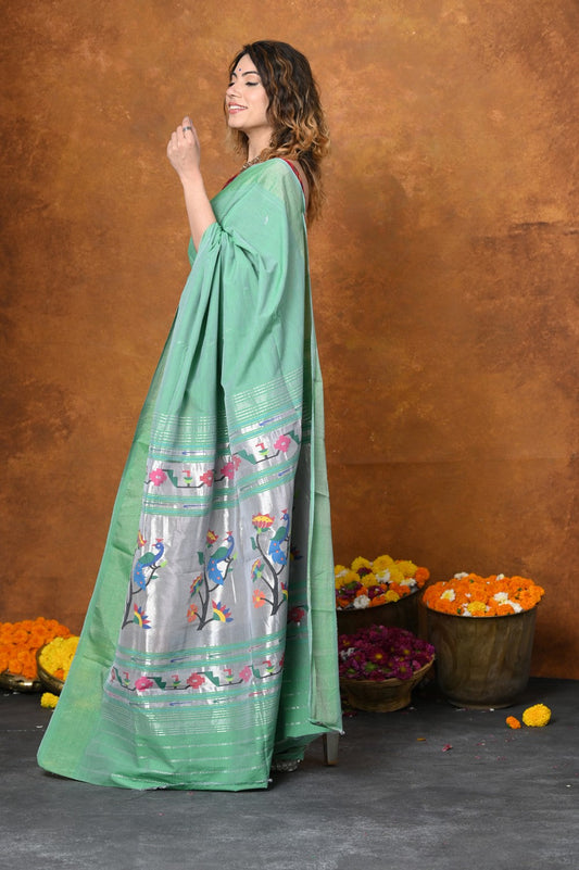 Very Much Indian EXCLUSIVE! Handloom Pure Cotton Paithani With Asawali Pallu - Sea Green | Swadesiicart
