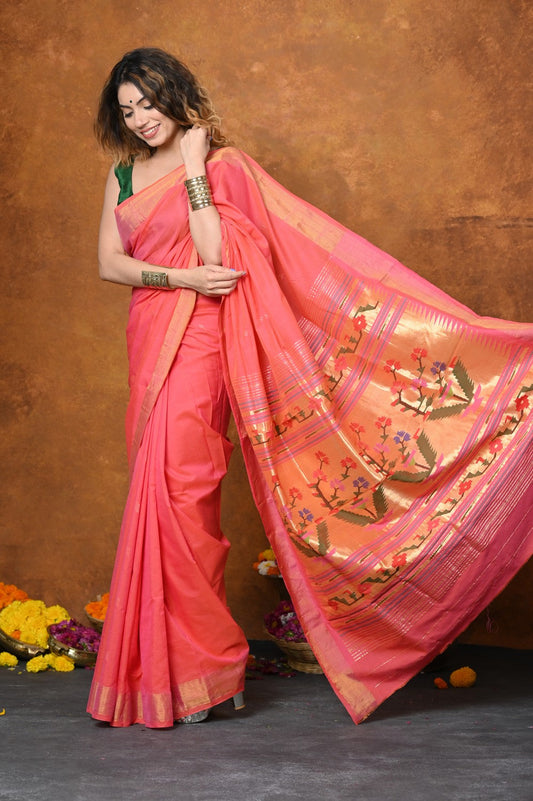 Very Much Indian EXCLUSIVE! Handloom Pure Cotton Paithani With Asawali Pallu - Pink Peach | Swadesiicart