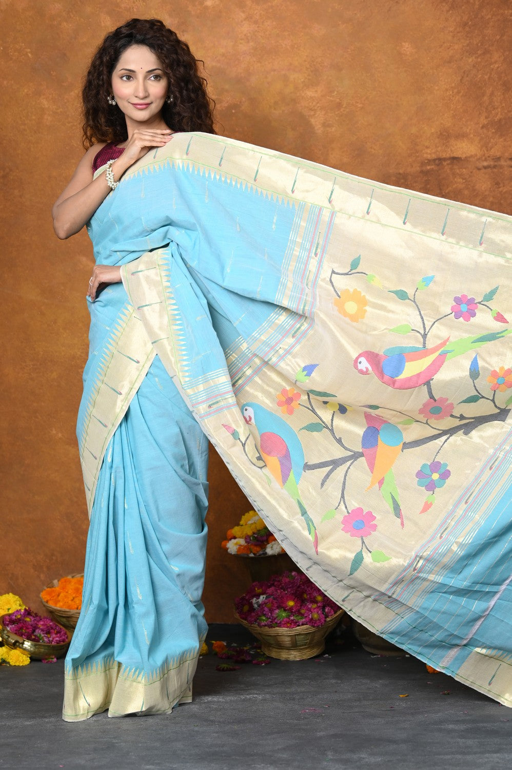 Very Much Indian Authentic Handloom Pure Cotton Paithani with Handcrafted Parrot Pallu - Sky Blue | Swadesiicart