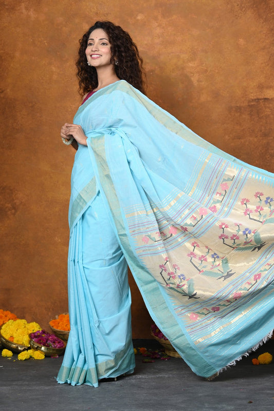 Very Much Indian EXCLUSIVE! Handloom Pure Cotton Paithani With Asawali Pallu - Sky Blue | Swadesiicart