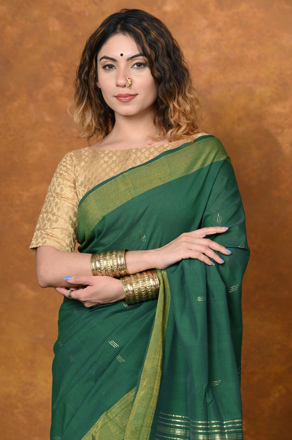 Very Much Indian EXCLUSIVE! Handloom Pure Cotton Paithani With Asawali Pallu - Dark Green | Swadesiicart