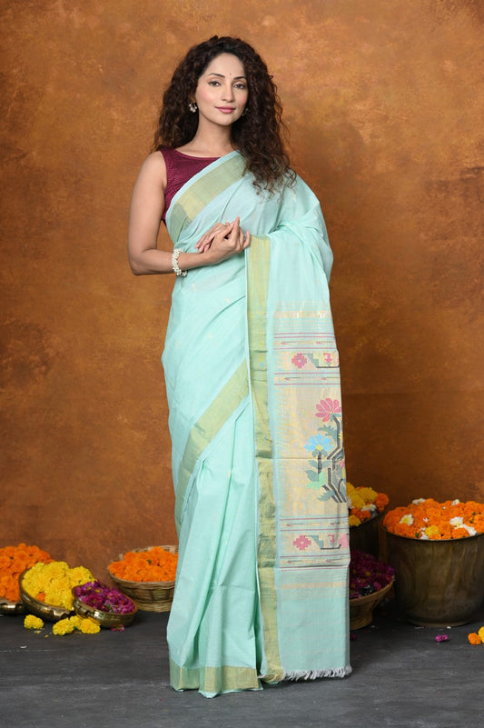 Very Much Indian EXCLUSIVE! Handloom Pure Cotton Paithani With Asawali Pallu - Light Blue | Swadesiicart