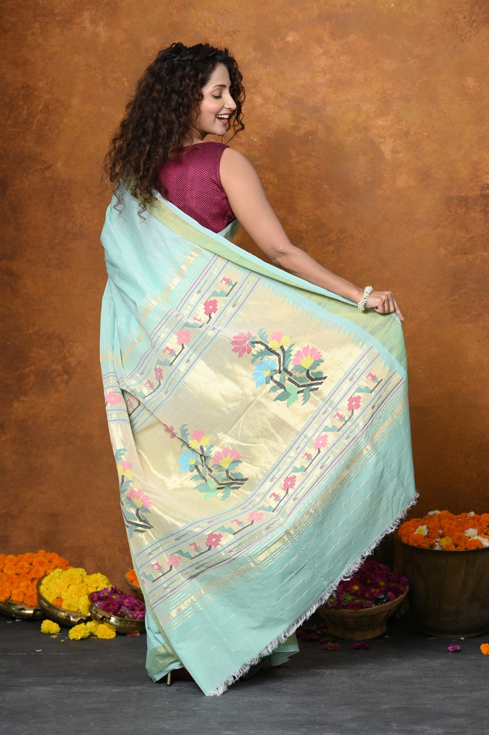 Very Much Indian EXCLUSIVE! Handloom Pure Cotton Paithani With Asawali Pallu - Light Blue | Swadesiicart