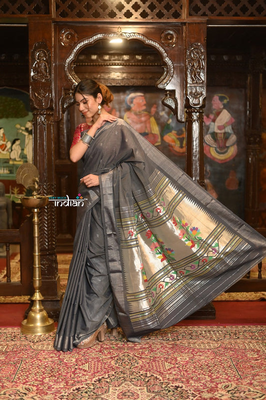 Very Much Indian Authentic Handloom Pure Cotton Paithani with Handcrafted Asawali Pallu - Grey Silver | Swadesiicart