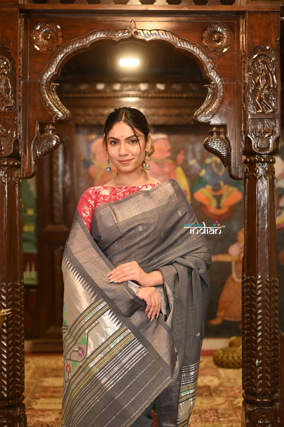 Very Much Indian Authentic Handloom Pure Cotton Paithani with Handcrafted Asawali Pallu - Grey Silver | Swadesiicart