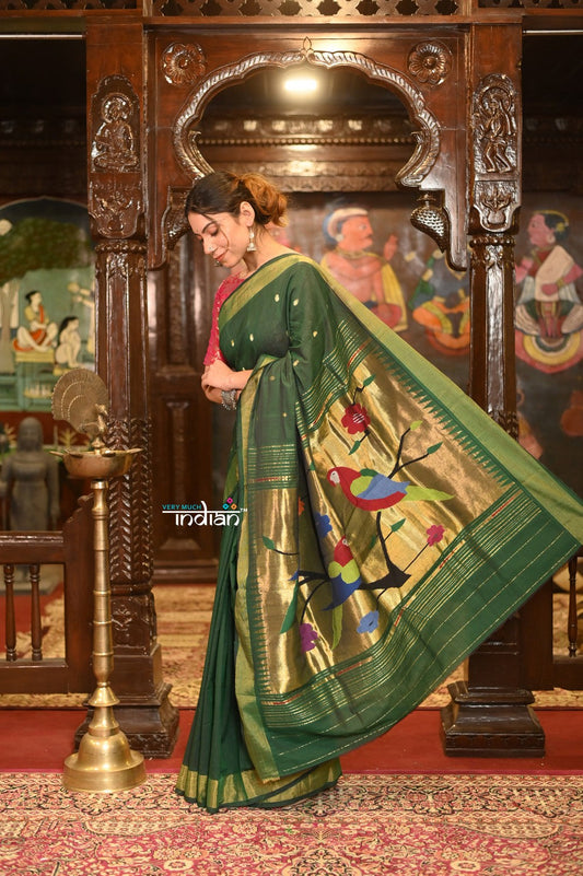 Very Much Indian Authentic Handloom Pure Cotton Paithani with Handcrafted Parrot Pallu - Forest Green | Swadesiicart