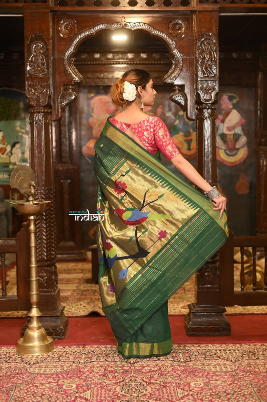 Very Much Indian Authentic Handloom Pure Cotton Paithani with Handcrafted Parrot Pallu - Forest Green | Swadesiicart