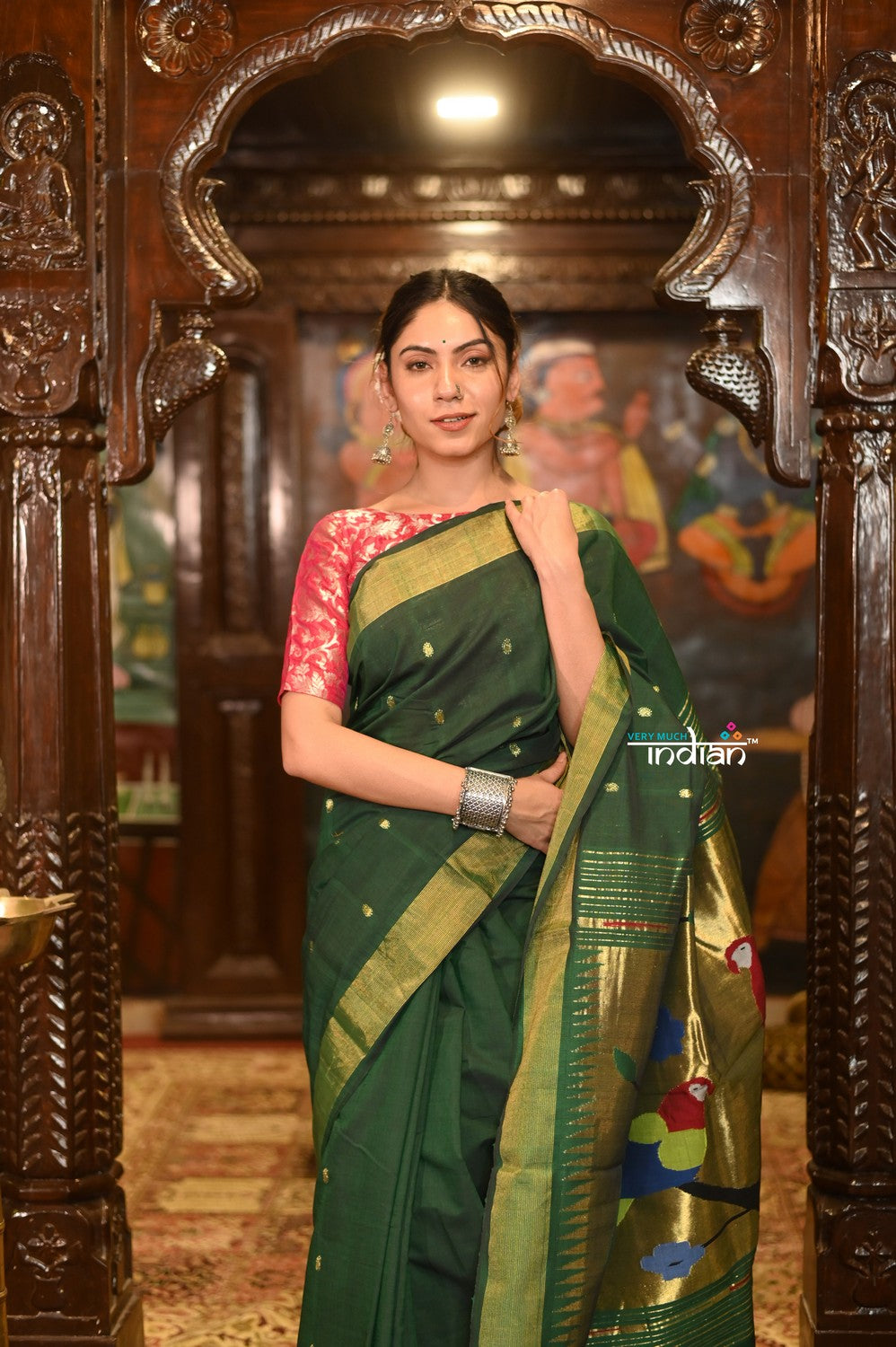Very Much Indian Authentic Handloom Pure Cotton Paithani with Handcrafted Parrot Pallu - Forest Green | Swadesiicart
