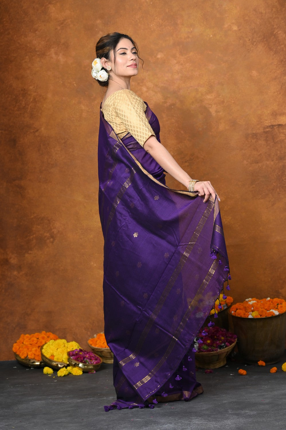 Very Much Indian Designed by VMI - High Quality Mul Cotton Handloom Woven with Sleek Border and Flower Buttis - Violet | Swadesiicart
