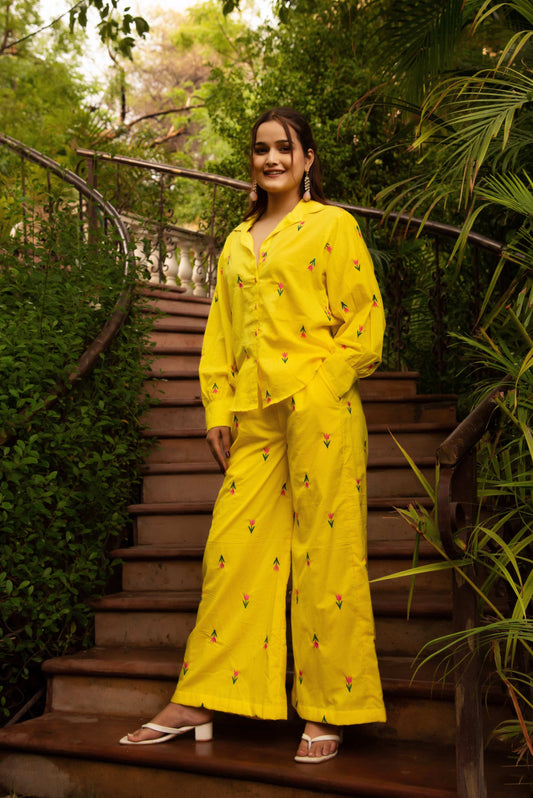Pomcha Jaipur Gaurangi Ira Yellow Embroidery Co-Ord Set - Swadesiicart