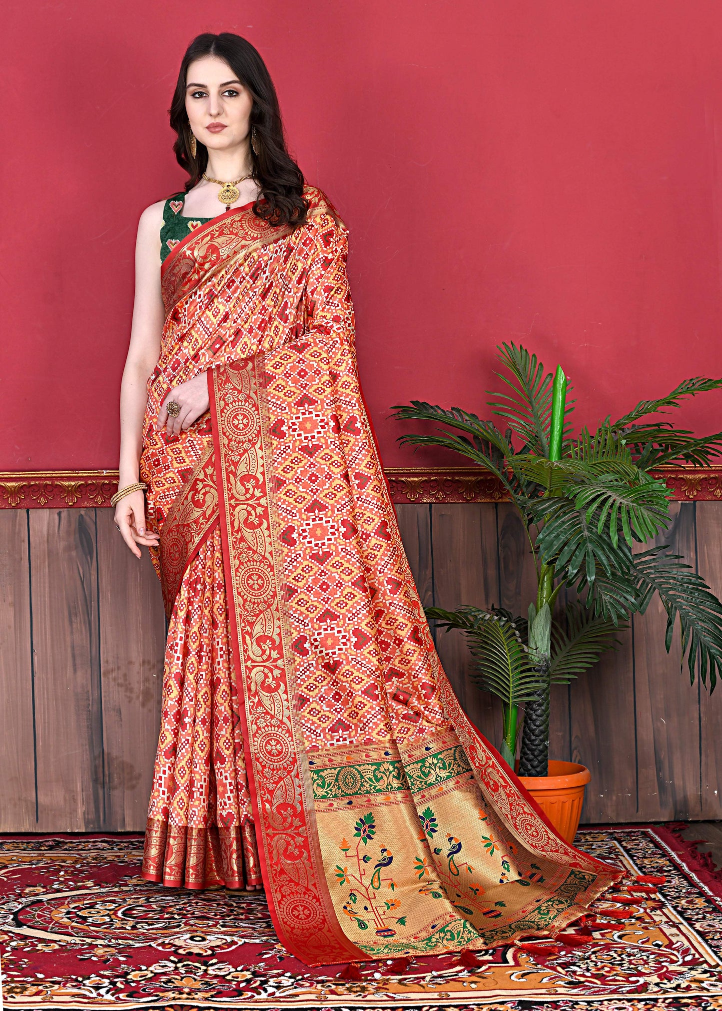 Lorenvalley Fashion Soft Paithani Silk Saree With Patola Print And Contrast Border & Printed Blouse - Mutlicolor - Swadesiicart
