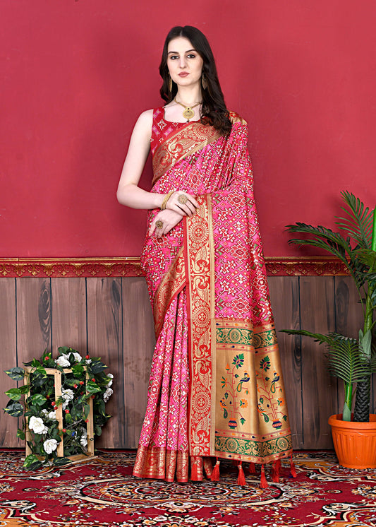 Lorenvalley Fashion Soft Paithani Silk Saree With Patola Print And Contrast Border & Printed Blouse - Mutlicolor - Swadesiicart