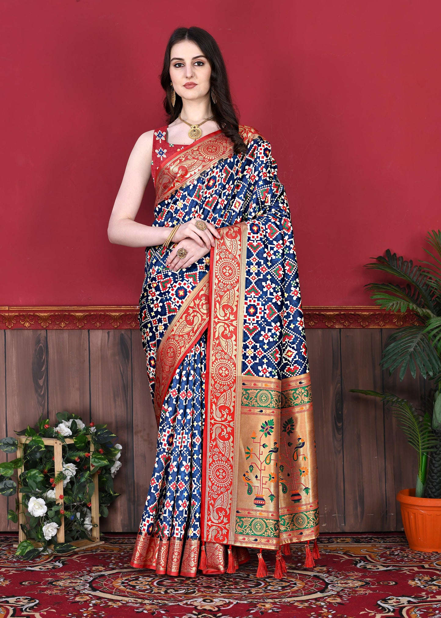 Lorenvalley Fashion Soft Paithani Silk Saree With Patola Print And Contrast Border & Printed Blouse - Mutlicolor - Swadesiicart