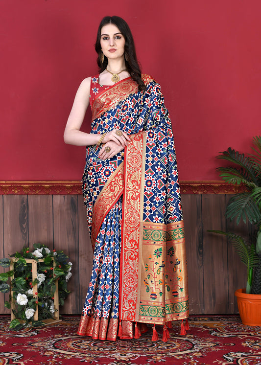 Lorenvalley Fashion Soft Paithani Silk Saree With Patola Print And Contrast Border & Printed Blouse - Mutlicolor - Swadesiicart