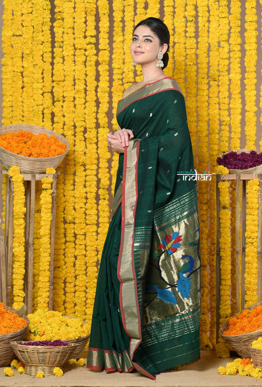 Very Much Indian Rajsi - Handloom Pure Cotton Paithani With Peacock Pallu - Dark Green | Swadesiicart