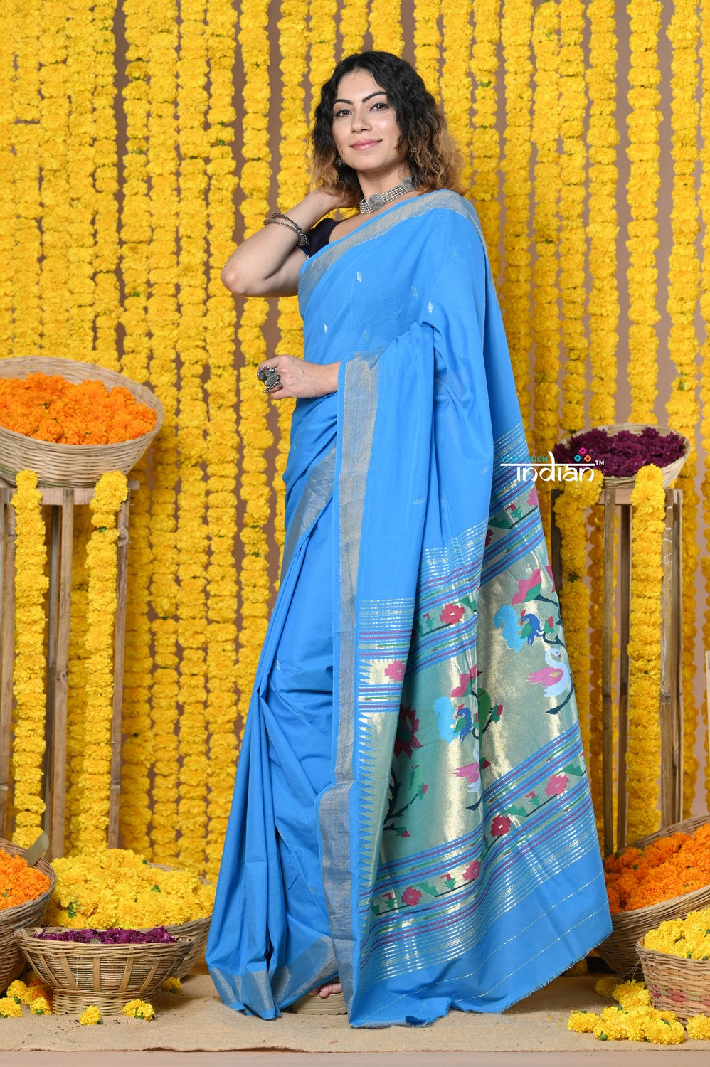 Very Much Indian Rajsi - Handloom Pure Cotton Paithani With Asawali Pallu - Cerrulean Blue | Swadesiicart