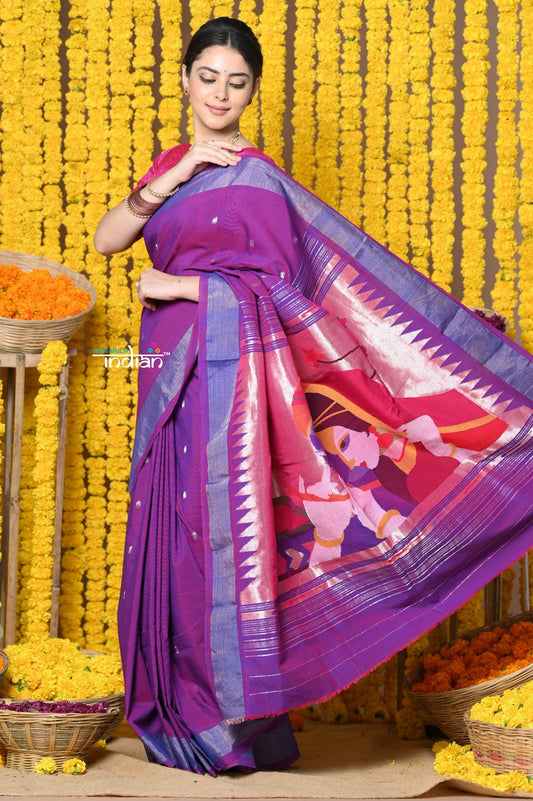 Very Much Indian Rajsi - Handloom Pure Cotton Paithani With Radha Krishna Pallu - Dual Tone Purple | Swadesiicart