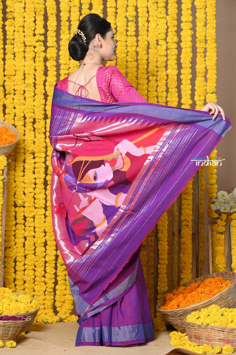 Very Much Indian Rajsi - Handloom Pure Cotton Paithani With Radha Krishna Pallu - Dual Tone Purple | Swadesiicart