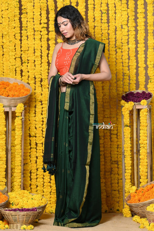 Very Much Indian Rajsi - Designed by VMI! High Quality Mul Cotton Handloom Woven Saree With Sleek Border in Green | Swadesiicart