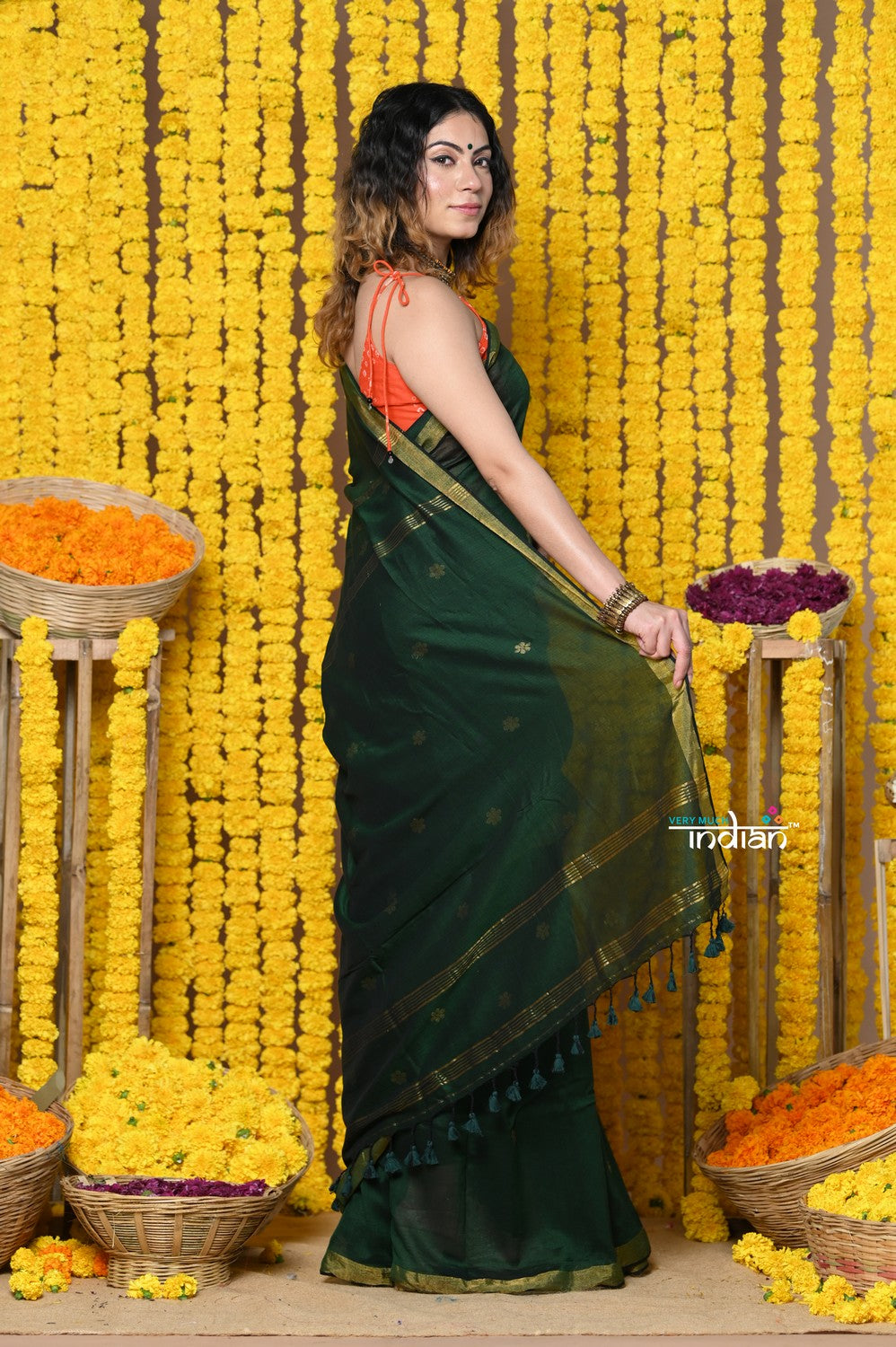 Very Much Indian Rajsi - Designed by VMI! High Quality Mul Cotton Handloom Woven Saree With Sleek Border in Green | Swadesiicart