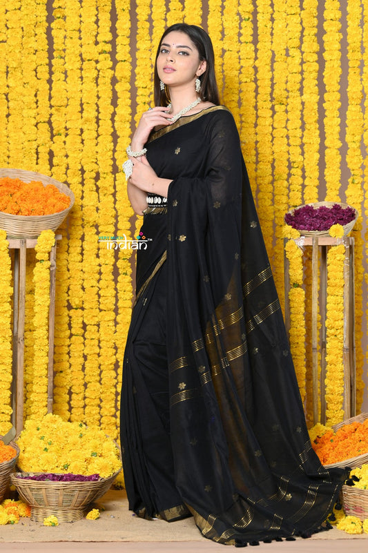 Very Much Indian Rajsi - Designed by VMI! High Quality Mul Cotton Handloom Woven Saree With Sleek Border in Black | Swadesiicart